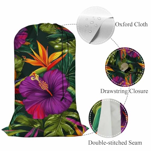 Swono Tropical Flowers Drawstring Closure Dirty Clothes Bag Organizer, Heavy Duty Large Laundry Bag, Floral Pattern Botanical Hibiscus Palm Leaf Bird Summer Rip-Stop Bags for Camp Travel - color: Tropical Flowers