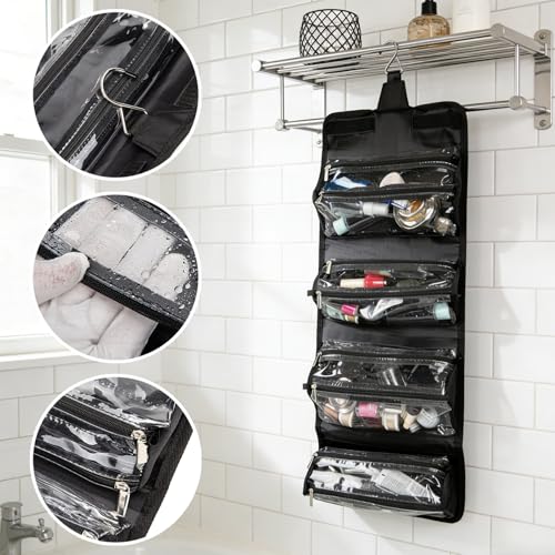ROYALFAIR Roll Up Makeup Bag, Travel Toiletry Bag for Women with 4 Clear TSA Approved Pouches, Hanging Travel Organizer, Folding Cosmetic Bag for Men and Women - color: Black