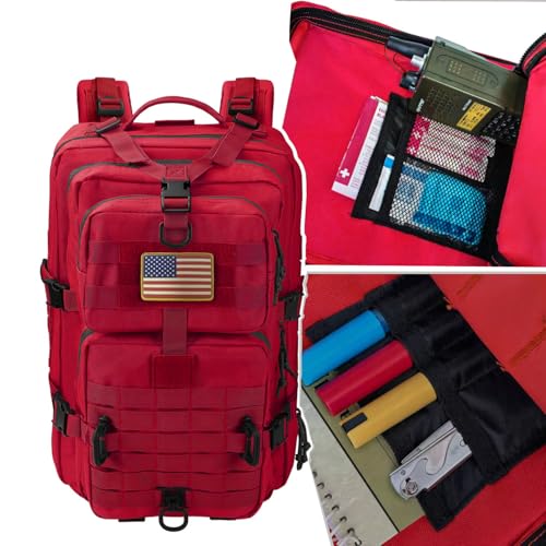 Hannibal Tactical MOLLE Assault Backpack, Tactical Backpack Military Army Camping Rucksack, 3-Day Pack Trip w/USA Flag Patch, D-Rings, Red - color: Red