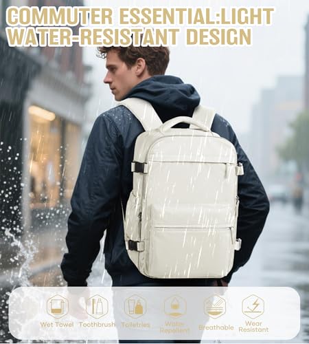BOXSAM Vacuum Travel Backpack with Pump for Women, Personal Item Carry on Vacpack Backpacks Flight Approved 18x14x8 inches for Men,Laptop Waterproof Work Compression bags Casual Daypack,Beige