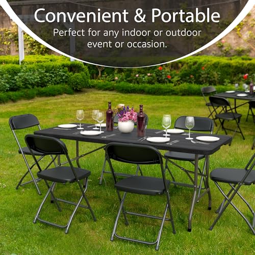 6 Feet Foldable Table with Built in Handle & Steel Legs | 6FT Heavy Duty Folding Portable | Perfect for Party, Dining, Wedding, Events, Picnic Indoor, Outdoor, Camping, Utility, Folding - 6 Foot - color: Black, size: 6 FT