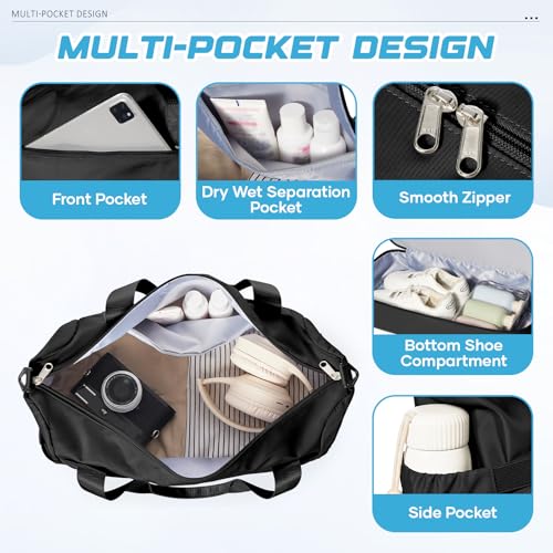Small Black Gym Duffle Bag for Women Men with Shoe Compartment, Mini Cute Weekender Handbag Carry on Travel Bag for Airplane, Water Resistant Sports Yoga Tote Bag with Dry Wet Separated Pocket. - color: A1-Black with Shoe Compartment