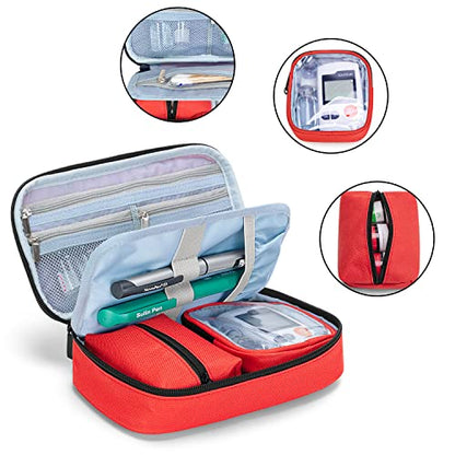 CURMIO Diabetic Supplies Bag for Glucose Meter, Medication, Insulin Pens and Other Diabetes Care Supplies, Diabetes Travel Organizer Case with Detachable Pouches, Red (Bag Only) - color: Red
