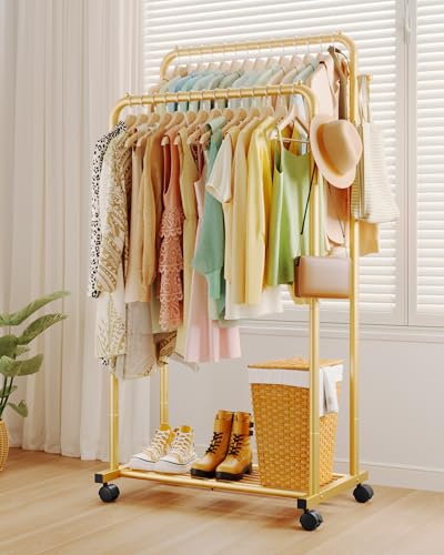 Sakugi Clothes Rack - Double Rods Clothing Rack with Mesh Shelf, Hooks & Wheels, Metal Clothing Racks for Hanging Clothes & Bags, Multifunctional Garment Rack for Laundry, Gold, 28.7" x 16.5" x 59.1" - color: Gold, size: Large 28.7"W x 16.5"D x 59.1"H