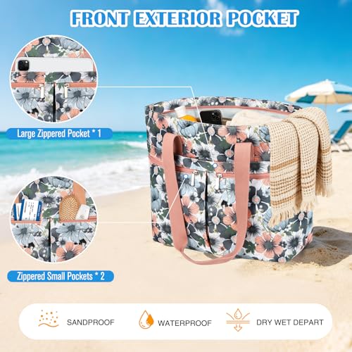 HUANLANG Large Beach Bags for Women Pool Bag with Zipper, Waterproof Sandproof Beach Tote Travel Bag with Wet Pocket - color: Gray-pink Flower