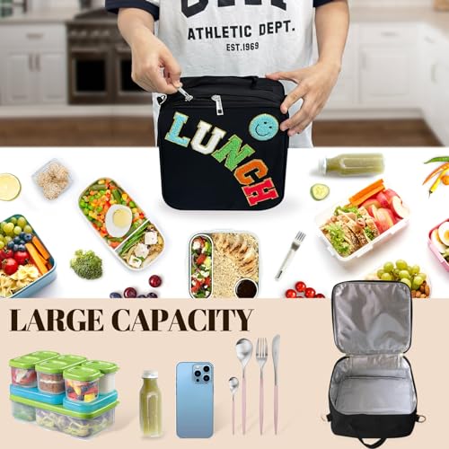 Insulated Lunch Bag With Adjustable Shoulder Strap, Nylon Preppy Lunch Box Large Insulated Lunch Bag Reusable Lunch Tote Bag with Smiley Preppy LunchBag for Girls School Travel Picnic (Black) - color: Black