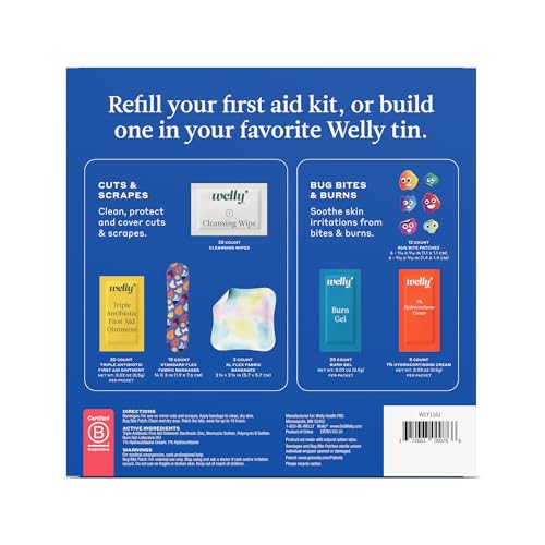 Welly First Aid Kit Refill Carton | Includes Individual Bandages, Cleansing Wipes, Antibiotic Packets, Burn Gel, Hydrocortisone Cream, and Bug Bite Relief Patches | 100 ct - color: 100 Ct First Aid Refills