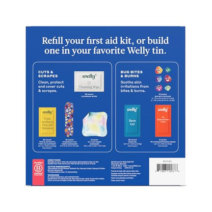 Welly First Aid Kit Refill Carton | Includes Individual Bandages, Cleansing Wipes, Antibiotic Packets, Burn Gel, Hydrocortisone Cream, and Bug Bite Relief Patches | 100 ct - color: 100 Ct First Aid Refills