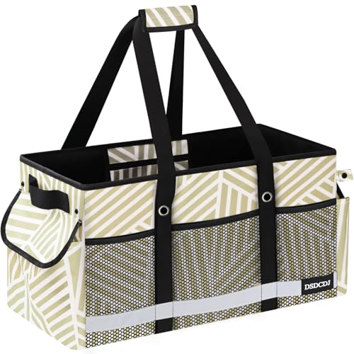 Extra Large Utility Tote Bag with Reflective Strip, Standing Reusable Grocery Bags with Hard Bottom, Collapsible Utility Tote with Handles for Shopping, Beach, Picnics, Car, Striped Gray - color: Twill Gray