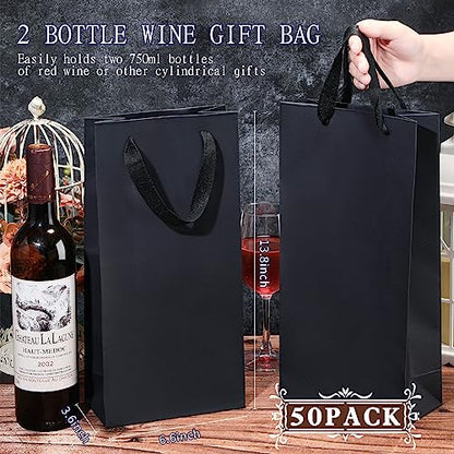 Yeaqee 50 Pack Wine Bags for Wine Double Bottles Gifts Carriers 6.6x3.6x13.8 Craft Bottle Bags Bulk with Handles Paper Tumbler Carriers, Party Gift Pocket with Handle(Black) - color: Black