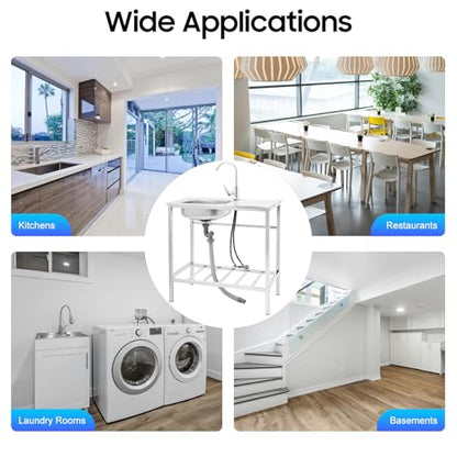 Outdoor Utility Sink,Free Standing Stainless Steel Laundry Tub, Single Bowl Portable Washing Hand Basin Station,with Cleaning Table&Storage Shelves for Garage, Restaurant, Kitchen,Camping, Backyard
