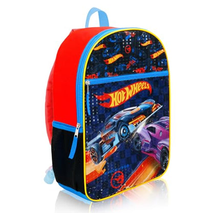 Hot Wheels Backpack with Lunchbox for Boys Set - Bundle with 16" Racecar Backpack, Lunch Box, Water Bottle, Tattoos, More | Hot Wheels School Bag for Kids