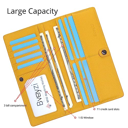 Bveyzi Ultra Slim Thin Leather RFID Blocking Credit Card Holder Bifold Clutch Wallets for Women - color: Yellow