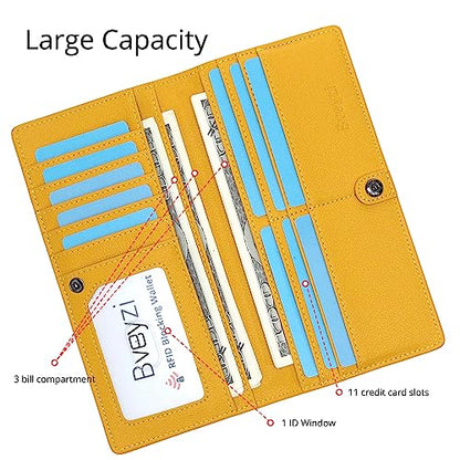 Bveyzi Ultra Slim Thin Leather RFID Blocking Credit Card Holder Bifold Clutch Wallets for Women - color: Yellow