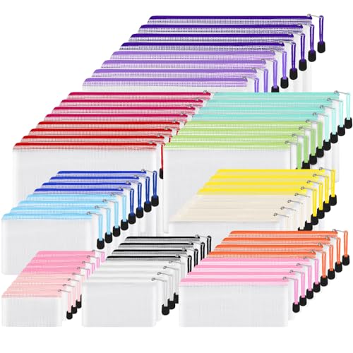 EOOUT 64pcs Mesh Zipper Pouch Bags, 8 Sizes Plastic Bags, 15 Colors Waterproof Pouches with Slide Fastener for Organization, Multipurpose for Travel, School Supplies, Office and Home Organization - style: Multicolor-64pcs