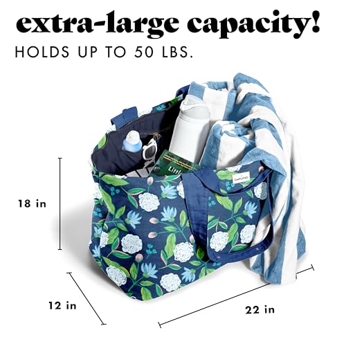 Fit & Fresh XL Beach Tote Bag for Women – XL Travel Tote with Zipper & Pockets, Oversized Canvas Pool Bag, Weekender Carry-On - color: Navy Hydrangeas