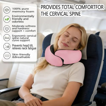 Travel Neck Pillow- 360° Ergonomic Memory Foam Travel Neck Pillow Airplane,Premium Breathable Relief Neck Pain for Long Flights,Car & Office（Pink - color: Pink