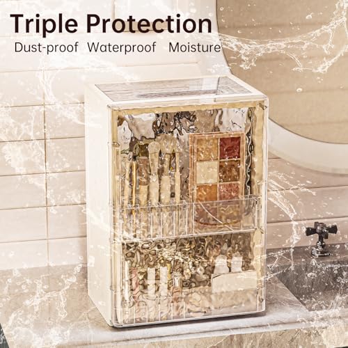 HAIXIN Makeup Organizer with Drawer & Brush Holder, Plastic Cosmetic Display Cases, Large Vanity Organizer Countertop Waterproof for Skincare, Perfume, Bathroom & Dresser (White & Amber) - color: White & Amber