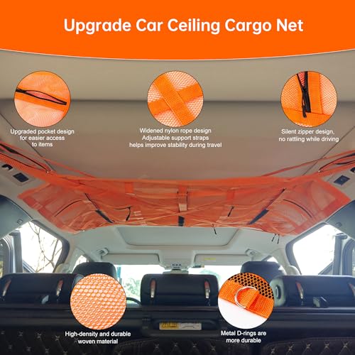 Extra Large Car Ceiling Cargo Net 39.3" x 23.6" for SUV,Truck & Van,Double Layer Roof Storage Organizer with Adhesive Straps,Overhead Mesh Holder for 4 Handle Vehicles,Camping Travel,Orange - size: 39.3" X 23.6"