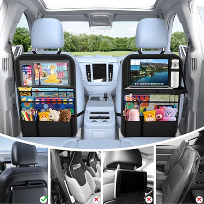 Car Backseat Organizer with table Tray(1Pack) 9 Storage Pockets Backseat Car Organizer with Tablet Holder, Back seat Organizer for Kids Road Trip Essentials Travel - style: 1Pack with Food Tray-Black