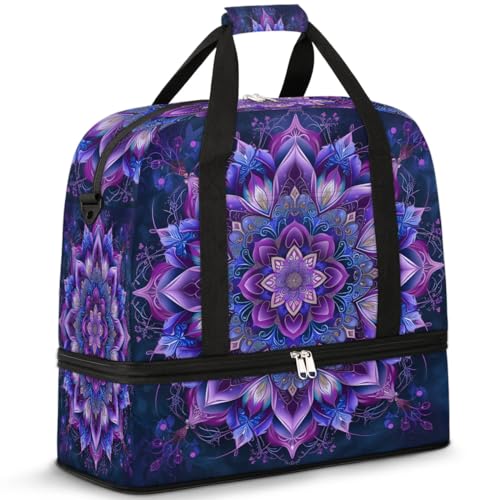 Travel Duffle Bags With Shoes Compartment for Women Men Purple Mandala Lightweigh Sports Tote Gym Bag Boho Flower Foldable Canvas Weekender Overnight Carry On Luggage Handle Bag - color: B03:Purple Mandala