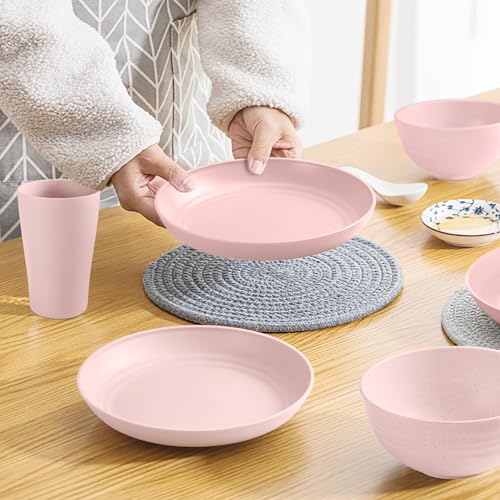 Teivio 32-Piece Kitchen Plastic Wheat Straw Dinnerware Set, Service for 8, Dinner Plates, Dessert Plate, Cereal Bowls, Cups, Unbreakable Colorful Plastic Outdoor Camping Dishes, Pink - color: Pink