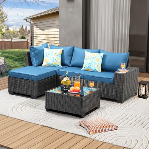 JOYURE 5 Pieces Patio Furniture Set All-Weather Outdoor Wicker Sectional Conversation Sofa Rattan Patio Seating Sofa with Cushion and Glass Table and Ottoman for Porch Poolside,Peacock Blue - color: Peacock Blue, size: 5 pieces set