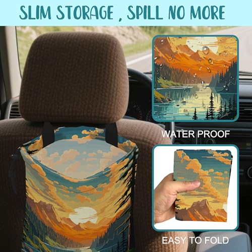 Car Garbage Bag Mountain Lake and Sunrise Drawstring Car Trash Bag Hanging for Back Seat with Adjustable Buckle Canvas Vehicle Trash Can Easy-to-Install - color: Mountain Lake and Sunrise