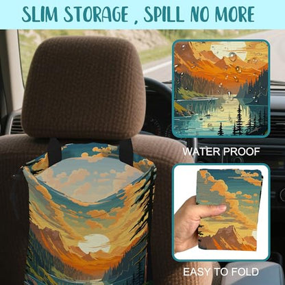 Car Garbage Bag Mountain Lake and Sunrise Drawstring Car Trash Bag Hanging for Back Seat with Adjustable Buckle Canvas Vehicle Trash Can Easy-to-Install - color: Mountain Lake and Sunrise