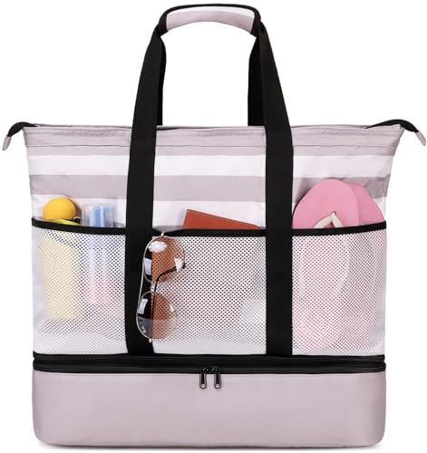 JIANYA Beach Bag Women Waterproof Sandproof Beach Tote Bags with Cooler Top Zipper Large Totes for Pool Travel Daily - color: Shallow Coffee Stripes