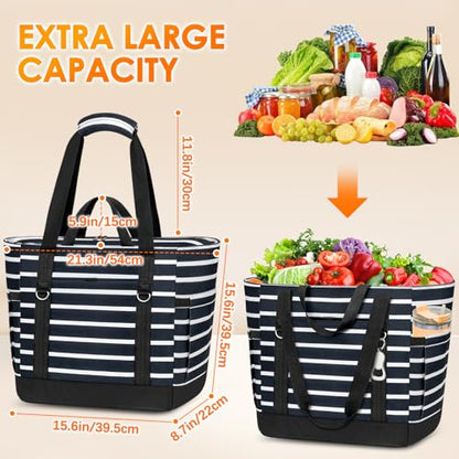 Cooler Bag Insulated, Soft Side Cooler, Reusable Grocery Bags with Zipper Closure, Thermal Leakproof Large Insulated Tote Bag for Hot/Cold Food for Grocery, Beach, Travel, Picnic - color: Black and White