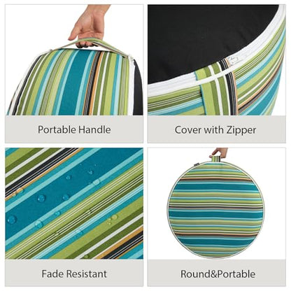 Inflatable Outdoor Ottoman,20"x9" Portable Patio Pouf,Water Resistant,Fade-Resistant,Round Blow Up Footrest Stools for Home Garden Camping Travel(Green Stripe) - color: Green Stripe