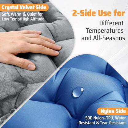 Sleeping Pad for Camping, Ultralight 4in Extra-Thick Camp Mat with Built-in Foot Pump & Pillow, Compact Camp Air Mattress for Backpacking, Hiking, Tent, Car, Travel Gear Gift - color: Crystal Velvet Grey+blue Nylon