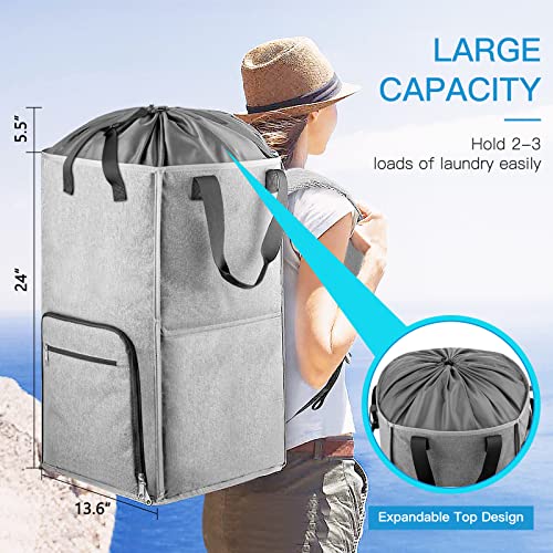 Laundry Backpack Bag, Bukere Extra Large 2 in 1 Laundry Hamper Basket for College Students Dorm Essentials, Adjustable Shoulder Straps, Freestanding Laundry Bag - color: Gray