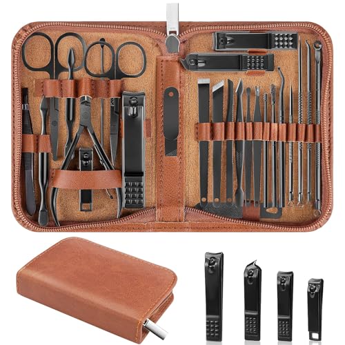 Nail Clippers Set, 26 Piece Manicure Set & Pedicure Kit, Stainless Steel Fingernail & Toenail Clipper Cutters, Professional Nail Care Tools with Luxurious Travel Case for Men and Women, Brown - color: Brown