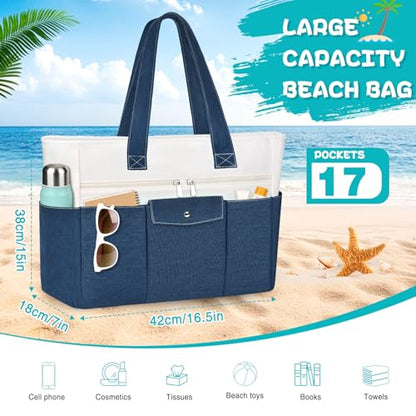 Beach Bags for Women Large Canvas Beach Tote with Zipper Wet Pocket, Waterproof Foldable Swim Pool Travel Tote Bags - color: Navy Blue