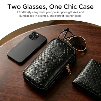 KINIVA Double Eyeglass Case for Men Women, 2-in-1 PU Dual Sunglasses Case, Scratch-Proof Travel Eyeglass Holder for Purse Car - style: Black Woven