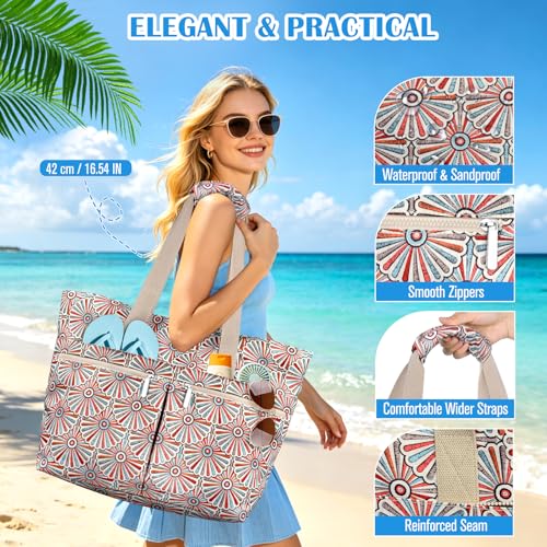 HUANLANG Large Beach Bags for Women Pool Bag with Zipper, Waterproof Sandproof Beach Tote Travel Bag with Wet Pocket - color: White Floral