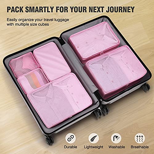 Mossio 6 Set Packing Cubes with Shoe Bag - Lightweight Travel Luggage Suitcase Organizers - color: Pink
