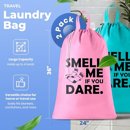Extra Large Travel Laundry Bag - 2-Pack Fun Print Design Bags for Dirty Clothes - Durable Water-Resistant Fabric - Sturdy Drawstring Closure (Pink-Teal | Smell Me If You Dare) - color: Pink-teal | Smell Me