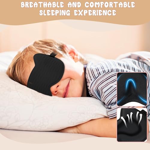 Kids Sleep Mask Eye Mask: 3D Contoured Cup Sleeping Masks, Blindfold with Adjustable Strap, Kids Eye Cover for Boys, Girls, Teens, Pressure-Free with Memory Foam Face Mask for Sleeping (Black) - color: Black