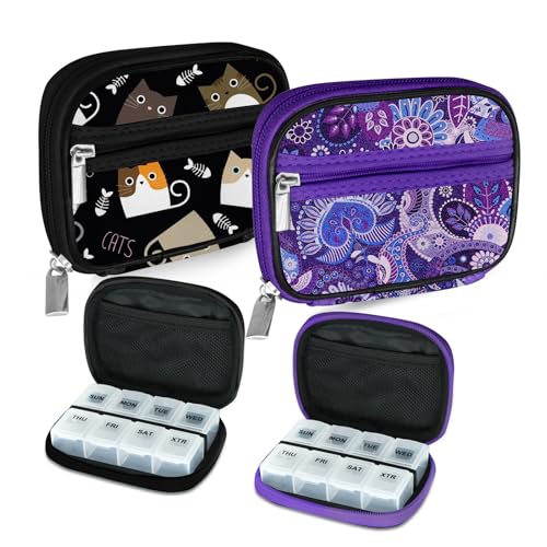 Serfeymi Weekly Travel Pill Organizer Pill Case for Purse with Removable 7 Day Pill Box, Fashionable Travel Medicine Organizer Pill Container for Medicine, Vitamin, Supplement - Black 03 + Purple 01 - color: C. Black 03 + Purple 01, size: 2 Cases + 2 Boxe