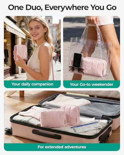 BAGSMART Makeup Bag Duo Set, Puffy Padded Travel Cosmetic Organizer with Slip-in Pockets, Large Toiletry Bag & Small Purse Pouch, Travel Essentials for Women, Greige - color: 14-Brown