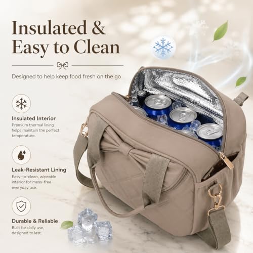 Bluboon Lunch Bag for Women, Insulated Lunch Tote with Shoulder Strap, Cute Large Lunch Box for Work, Teacher Nurse Lunch Cooler Bag for Office, Picnic, Travel (Camel Large Bow) - color: Camel Large Bow