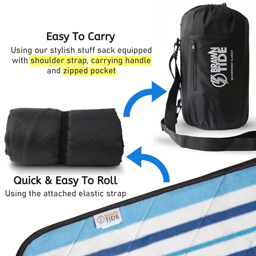 BRAWNTIDE Large Waterproof Outdoor Blanket, Extra Thick Fleece, Warm, Windproof & Sandproof, Quilted Stadium Blanket for Sports Events, Beach, Camping, Picnics, Dogs & Car, 82" x 55 - color: Azure Blue