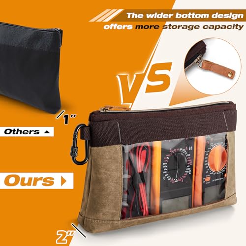 Marscamd 4 Pack Heavy Duty Tool Pouch with Carabiner, 12” Canvas Tool Pouch Bag with Clear Window (4 Colors: Black, Gray, Green, Khaki)