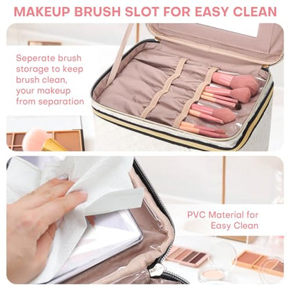 HXLGMD Large Makeup Bag with Mirror Double Layer Travel Make Up Organizer Case, Large Capacity Coemetic with Brush Slot Divider, Travel Toiletry Bag for Women - White/Beige - color: Beige