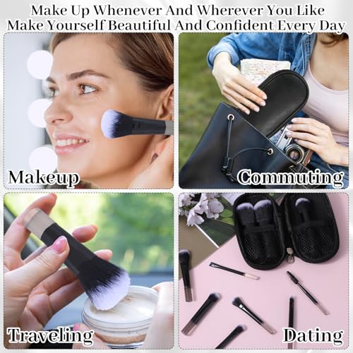 10 Pcs Mini Travel Makeup Brushes Set with Pouch, Short Handle Makeup Brushes for Women Girls Portable Full Complete Function Cosmetic Kit Brush Blush Powder Eye Shadow Black - color: Black