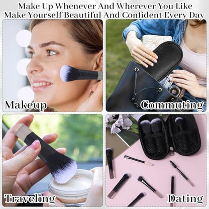 10 Pcs Mini Travel Makeup Brushes Set with Pouch, Short Handle Makeup Brushes for Women Girls Portable Full Complete Function Cosmetic Kit Brush Blush Powder Eye Shadow Black - color: Black