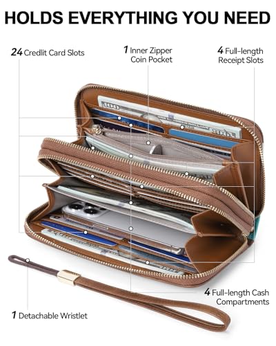 BOSTANTEN Wallets for Women Leather RFID Double Zipper Around Credit Card Holder Large Capacity Wristlet Clutch Wallet - color: Green＆brown Floral